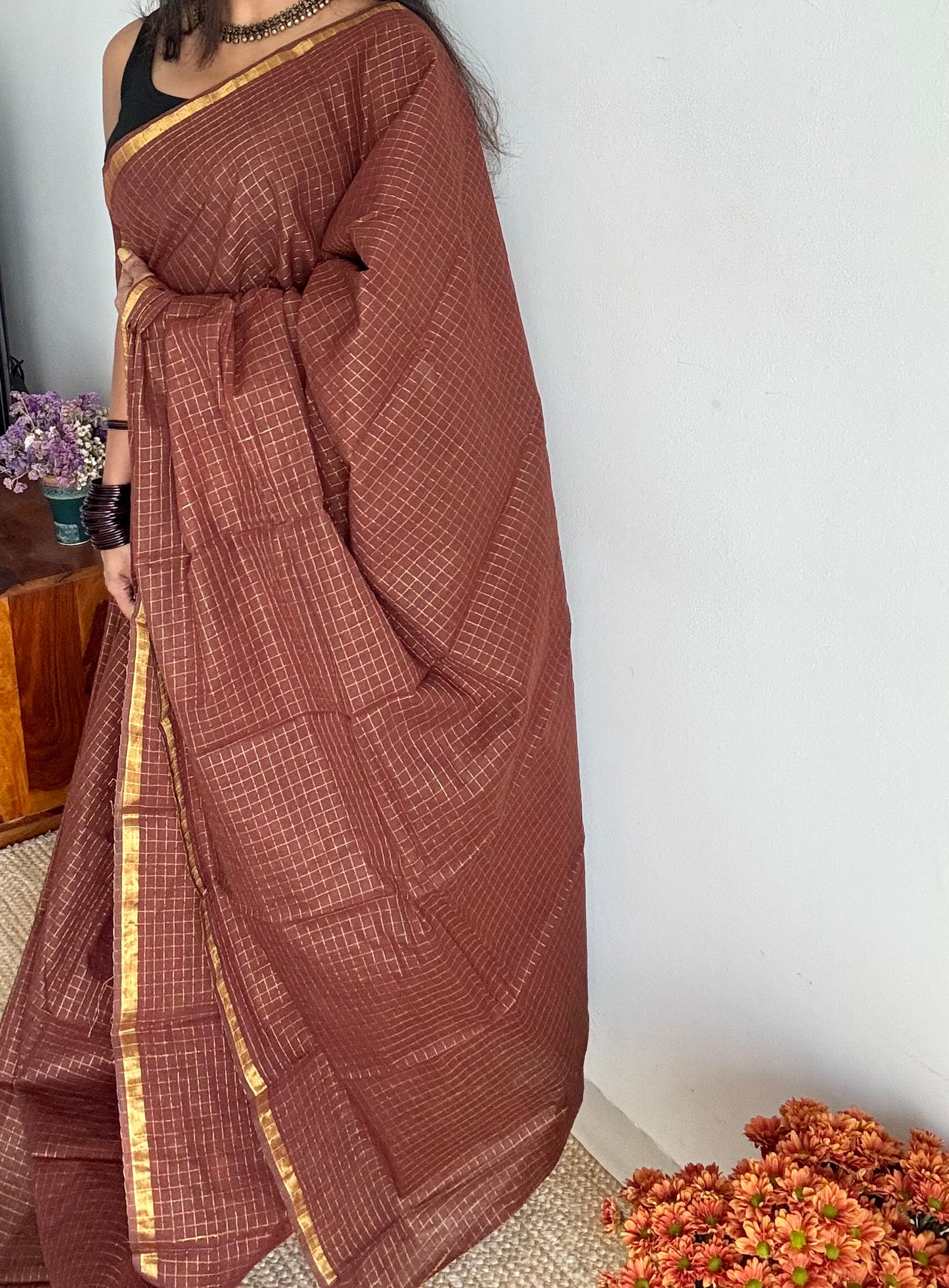 Brown mini kattam kattuchayam dyed madurai cotton saree - YCCOTNMSFE343