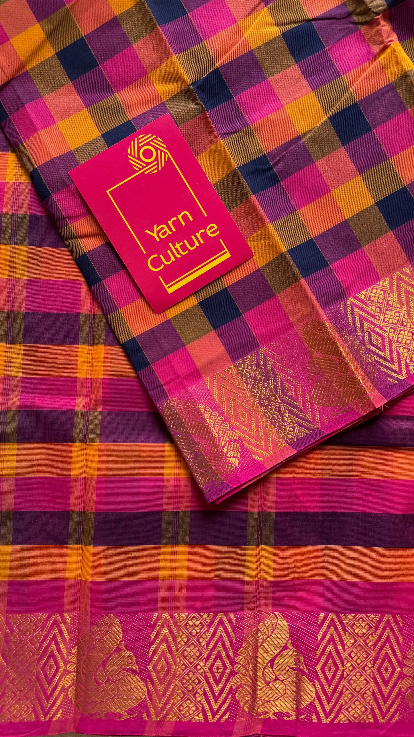 Multicolour Chettinad cotton saree with paalum pazhamum checks (hot pink, yellow, navy, orange) - YCCOTNMA281