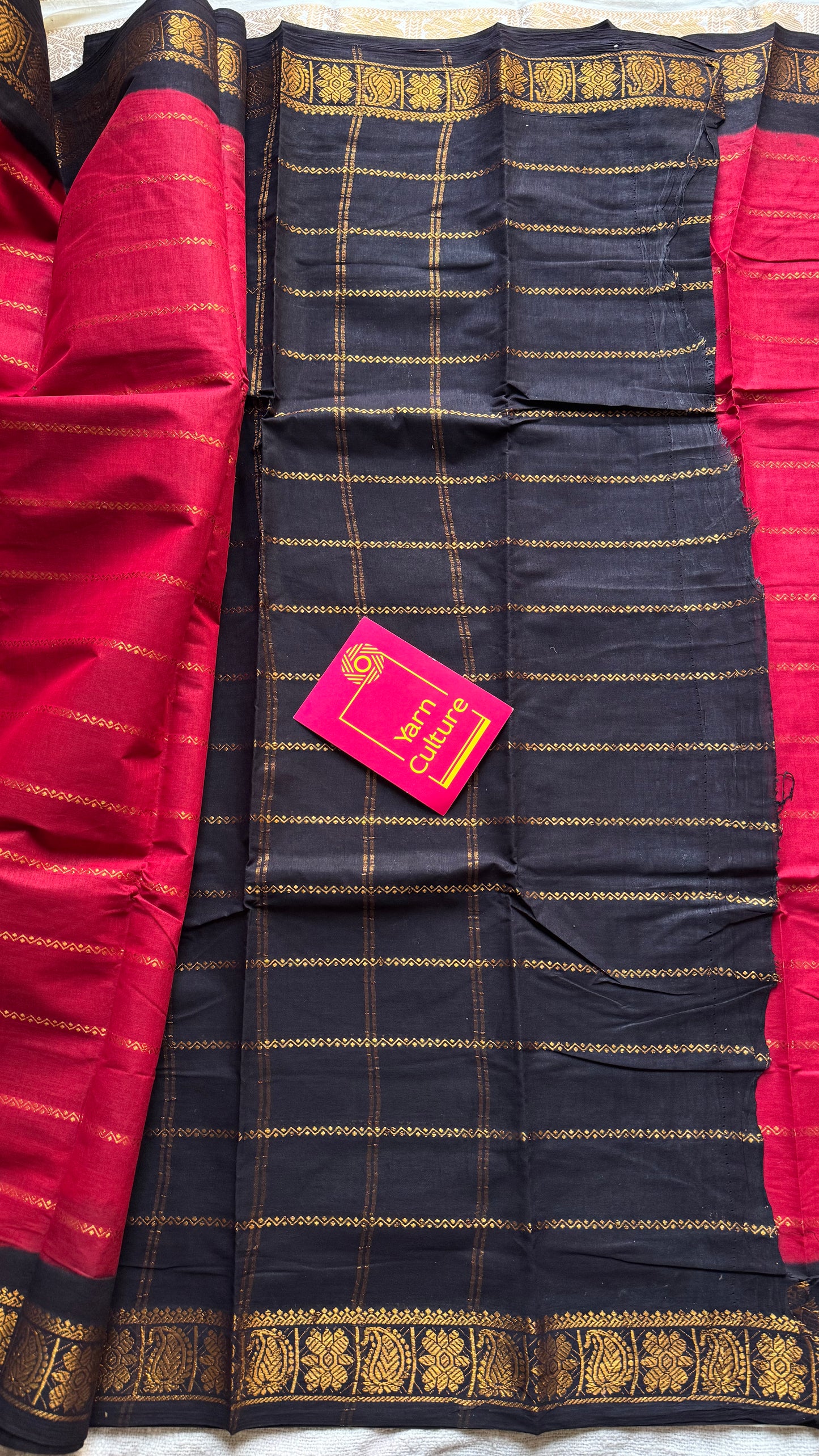 Red with black velthaari sungudi, kattuchayam dyed madurai cotton - YCCOTNMSAP140