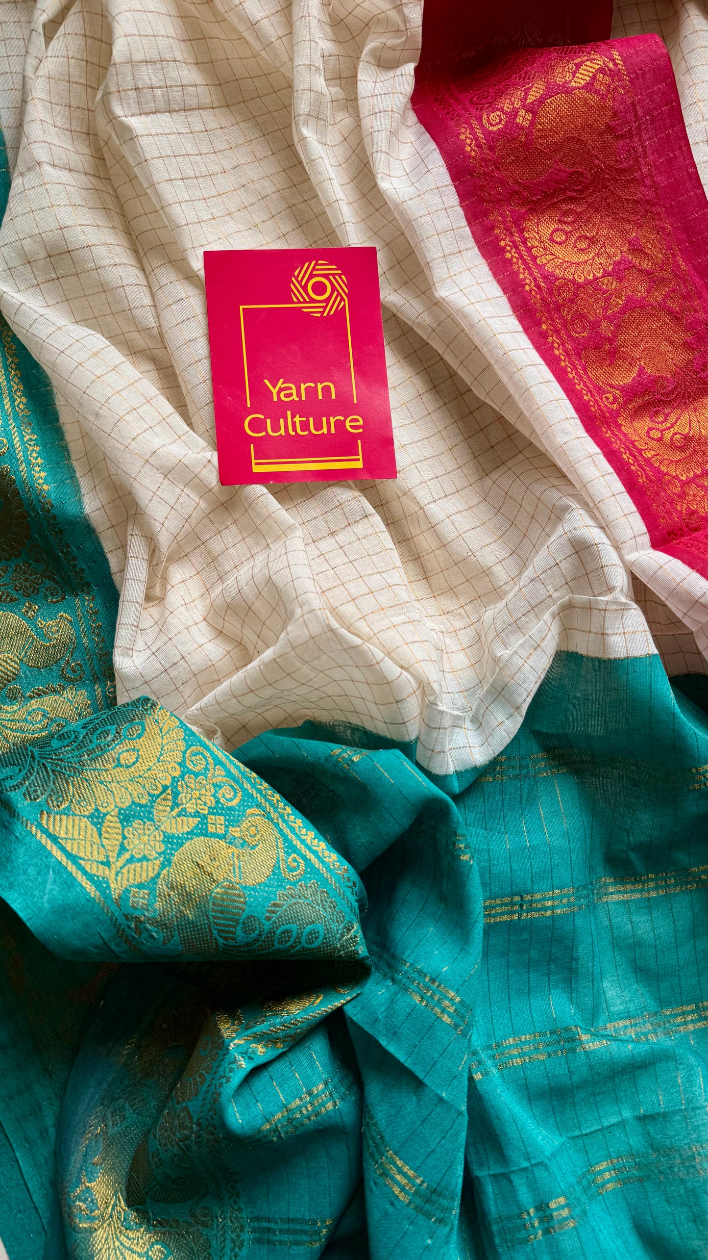 Karthika : Shalabham - Sungudi checks, ivory gold base, red and turquoise blue dual tone border, soft cotton - YCIEON163
