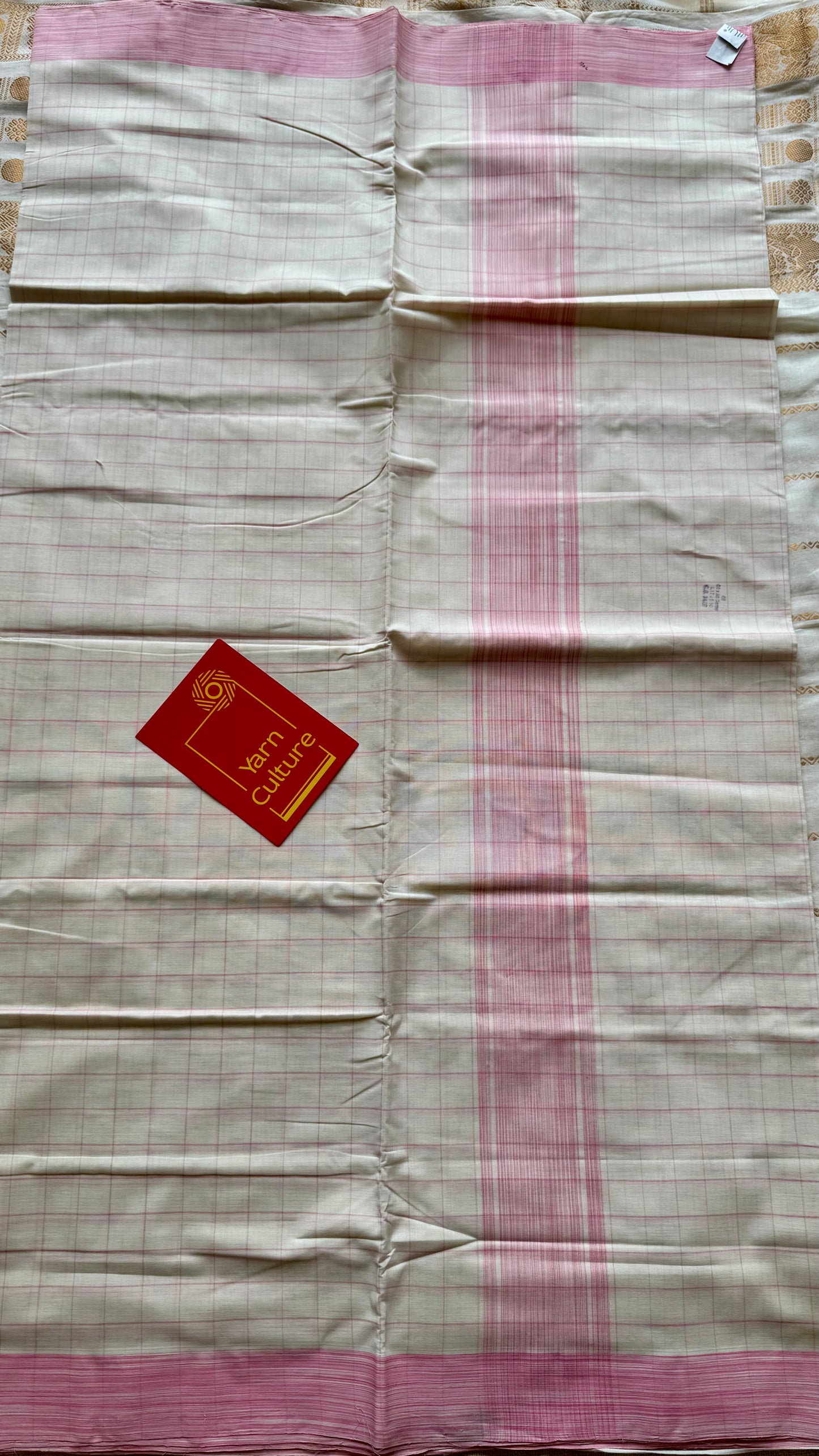 Handloom, woven in Chendamangalam Looms, ivory with pink checks, soft cotton saree - YCIEON150