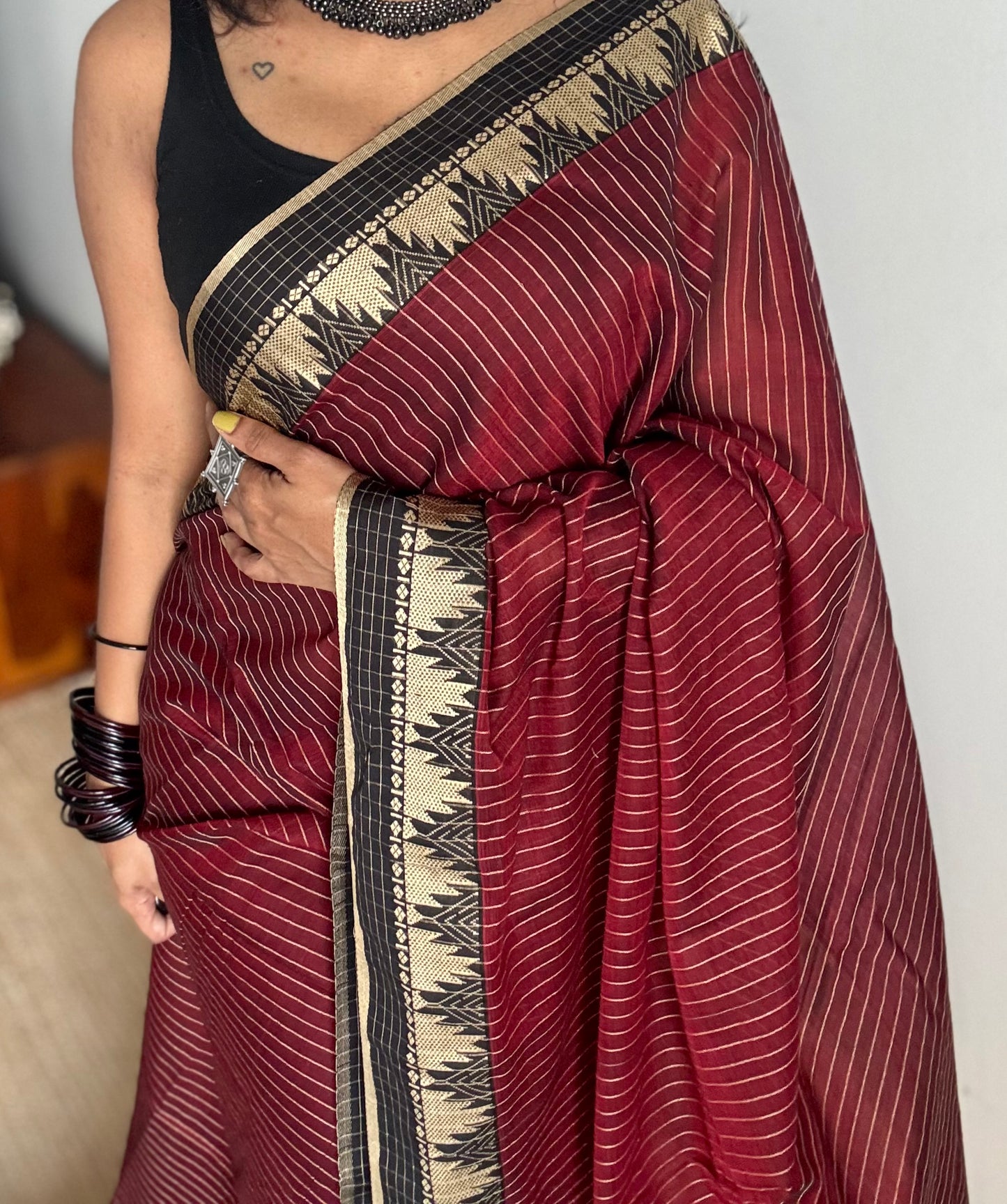 Maroon striped premium narayanpet soft cotton, with temple motif and checkered border - YCWOTDNPNO86