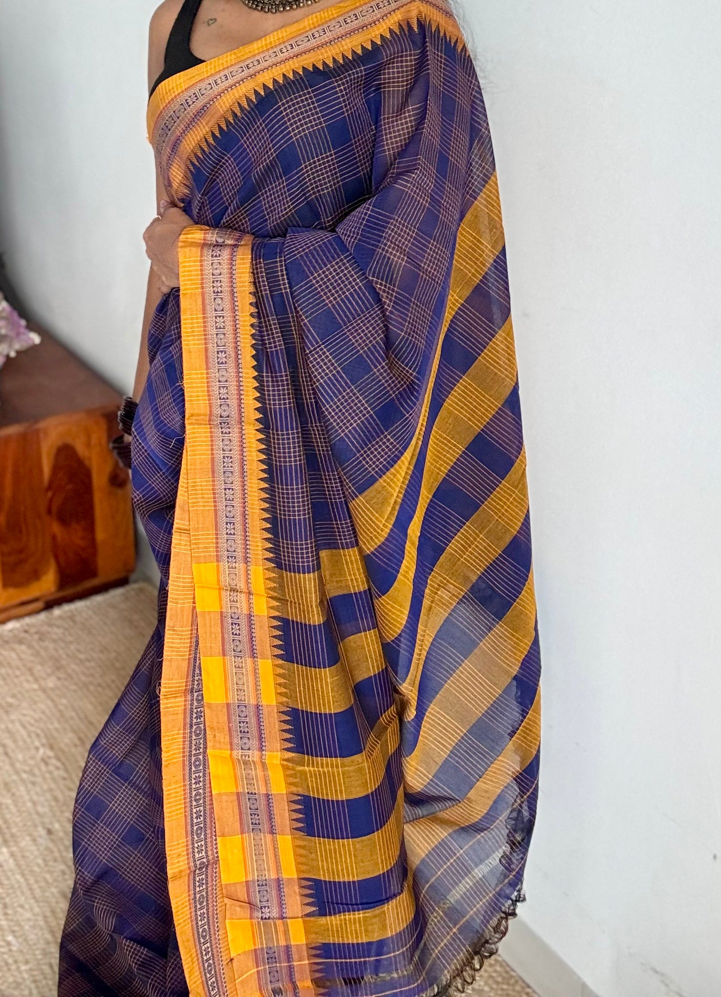 Dark blue checks with yellow border, handloom, soft cotton - YCLOKC219