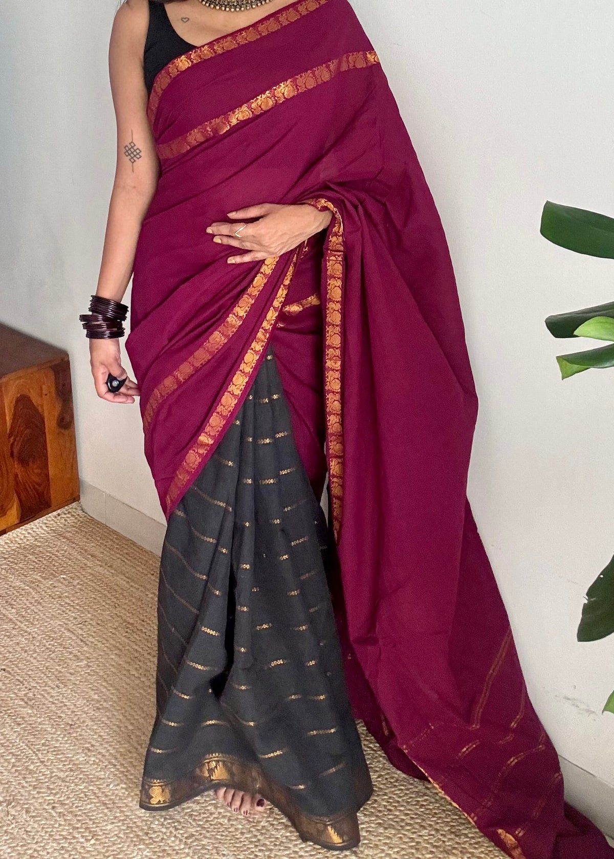 Purple pink (vadamalli) with black, sungudi cotton half-half saree - YCCOTNIDOC20