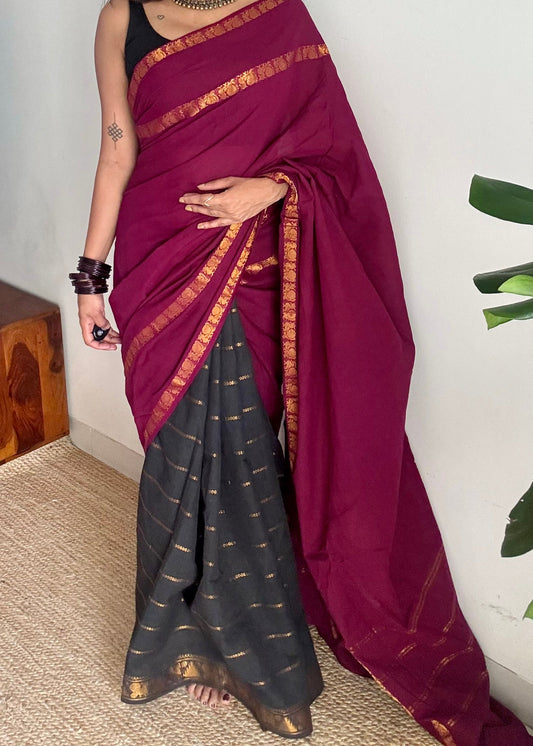 Purple pink (vadamalli) with black, sungudi cotton half-half saree - YCCOTNIDOC20