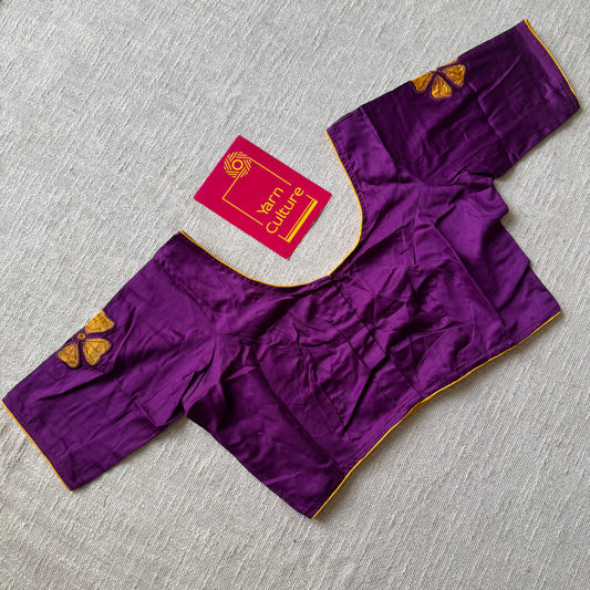 Purple with yellow floral embroidery, cotton silk, size 36 (alterable from 34-40), readymade blouse - YCBLAU02