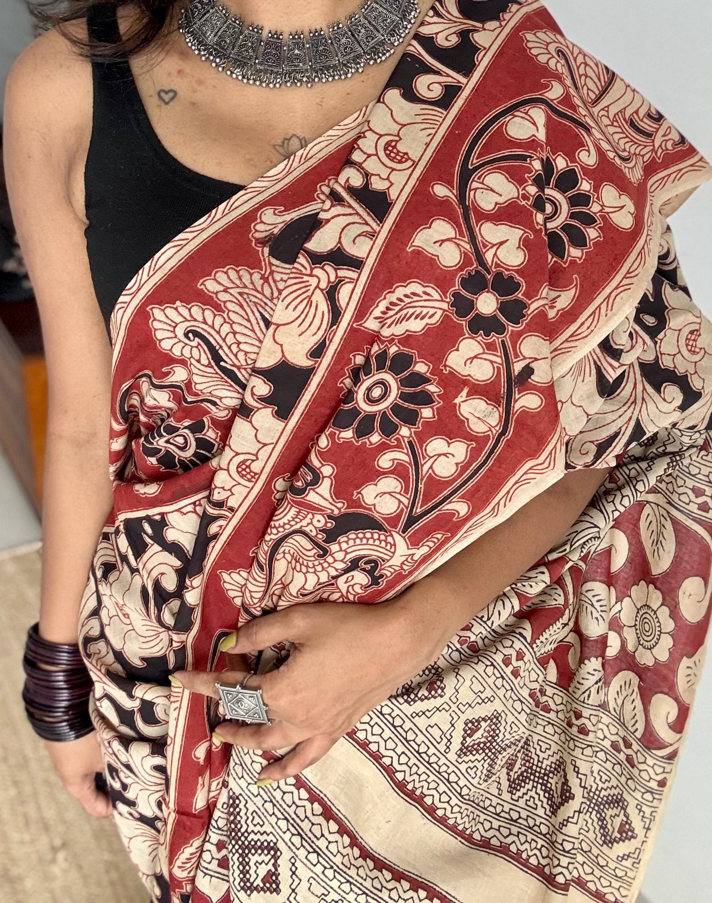 Black with beige and brick red kalamkari, floral vines, soft cotton - YCWOTDOCMP85