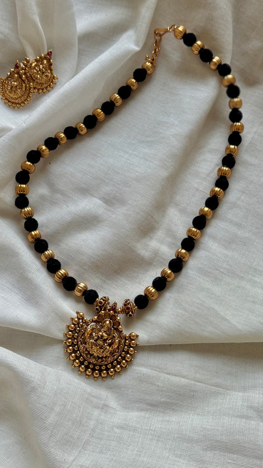 Black with gold beads, temple pendant in antique gold finish neckpiece - YCGPNP645