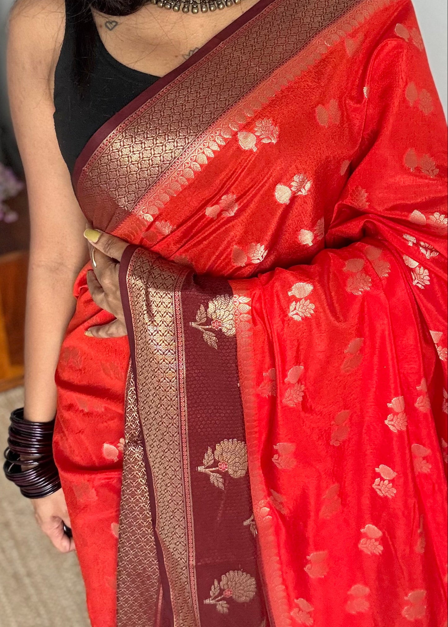 Dark orange with coffee brown border, semi dupion silk - YCBLSSJA24