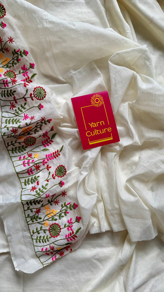Meera : Ivory with one side floral embroidery, soft cotton - YCONBCSC232