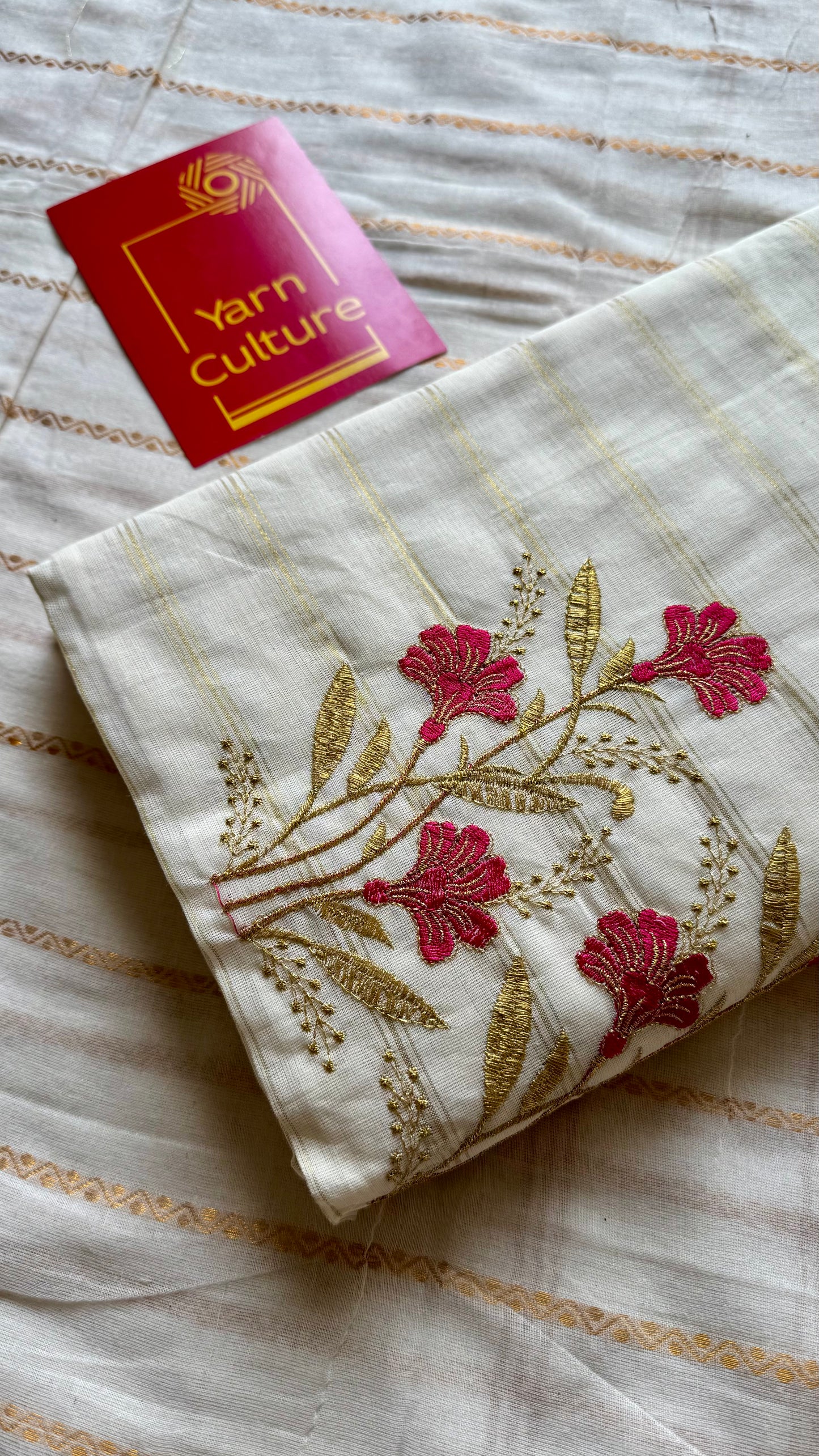 Ivory and gold soft cotton saree, hot pink floral embroidery  - YCIEON54