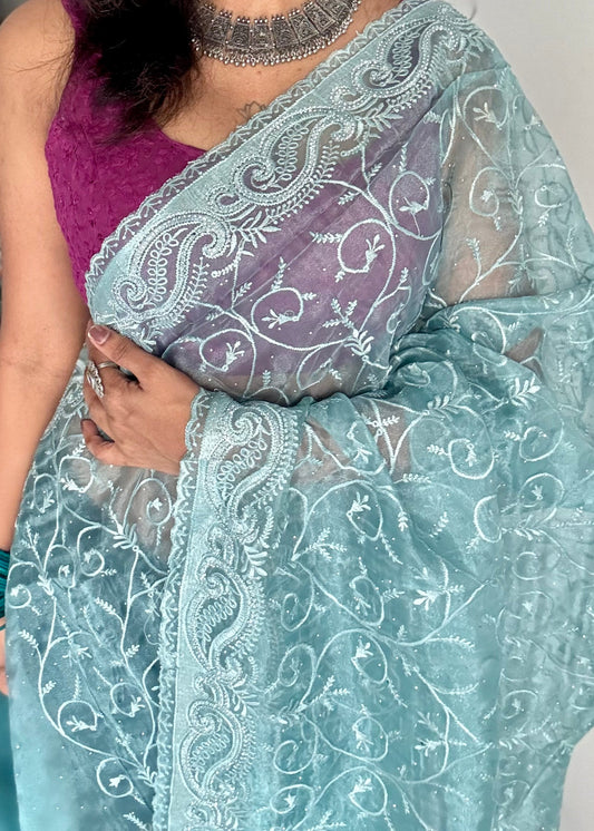 Aqua Aura - soft blue organza, with threadwork and sequins - YCDOSNO33