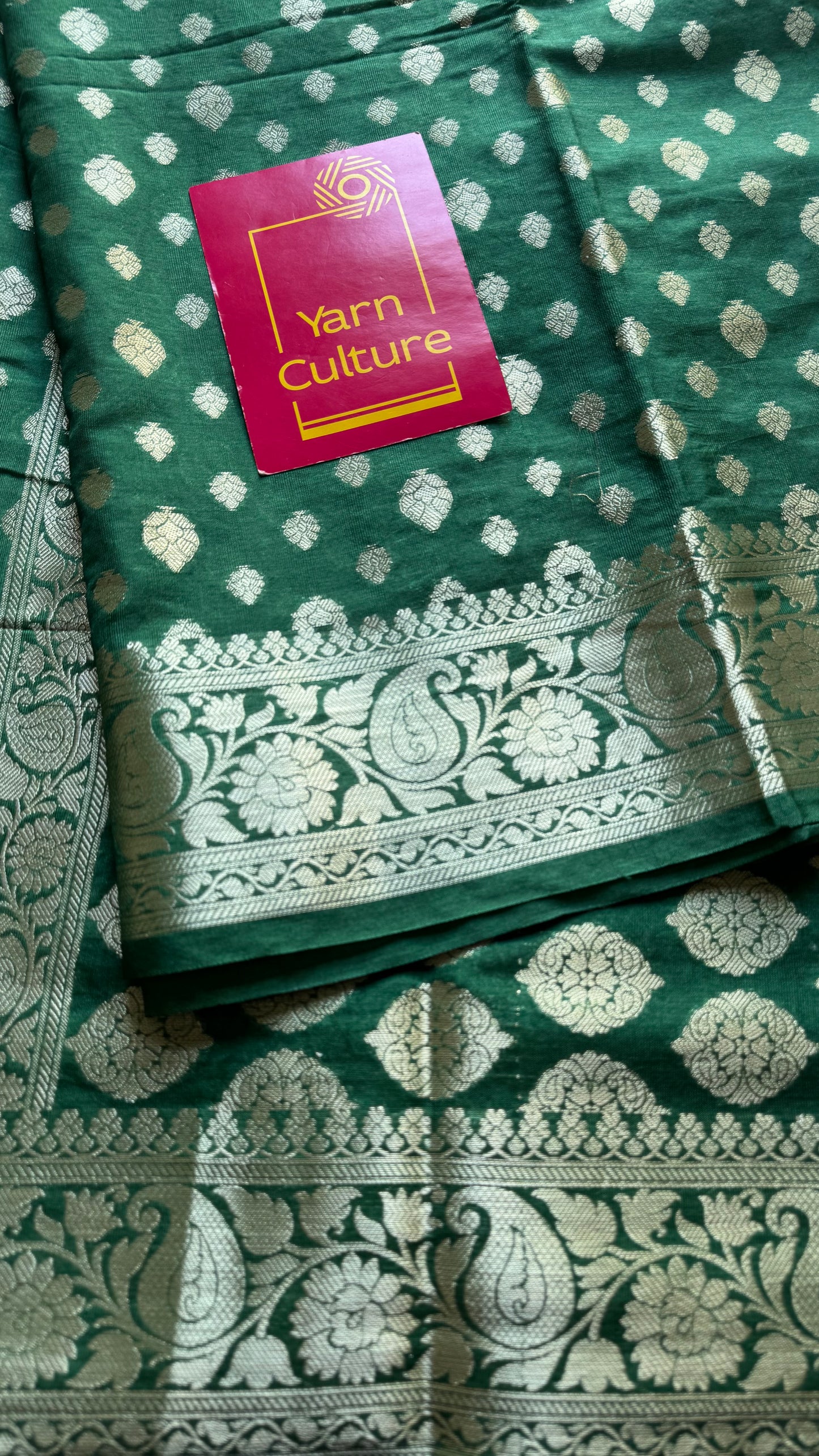 Bottle green, silver buttas and zari, Banarasi semi-silk - YCDESE40