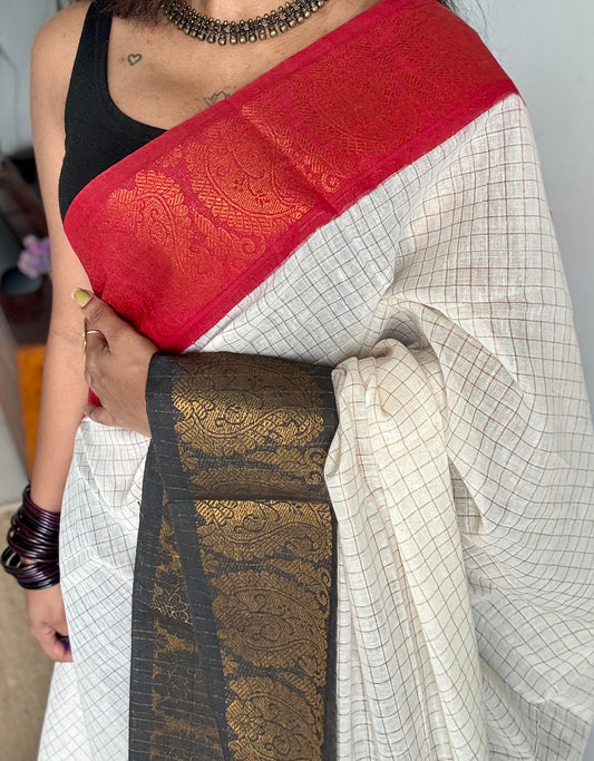 Sungudi cotton checks, ivory gold base, red and black dual tone flower paisley border, soft cotton - YCCOTNGJJA165