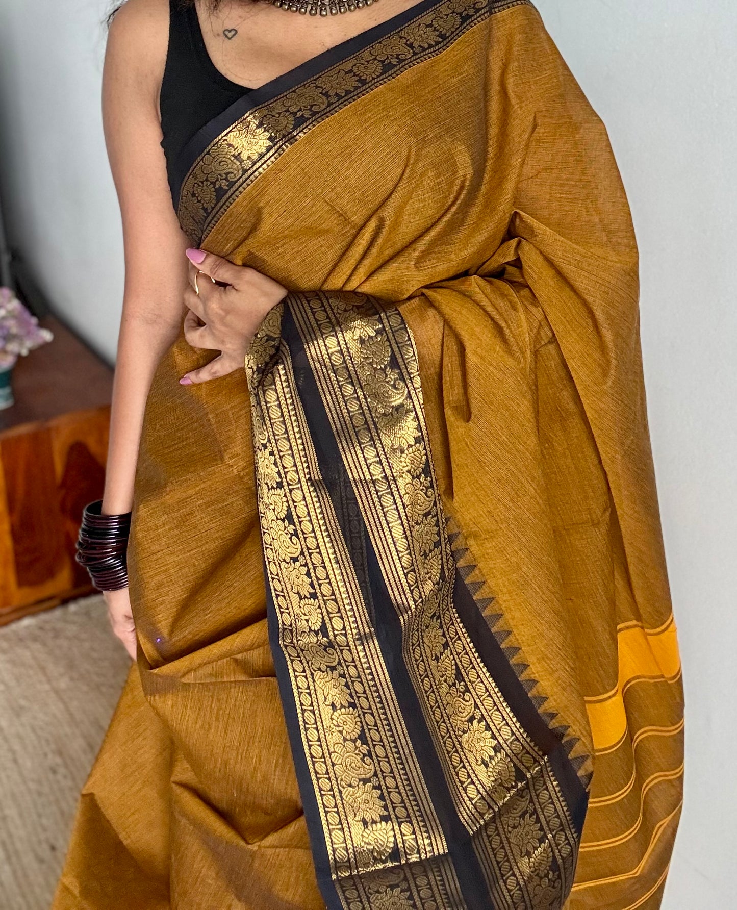 Mustard yellow with black, wide zari border, kanchi cotton - YCCOTNKCJA212