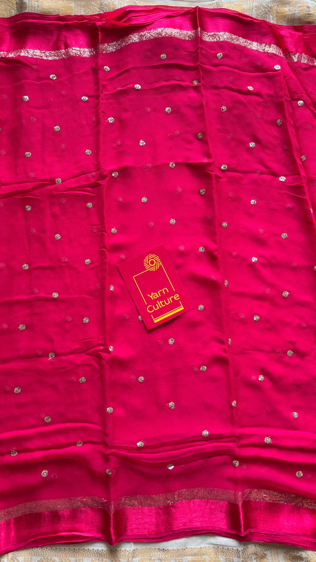 Rani pink viscose georgette saree, gold buttas, satin border - YCDOSOC46