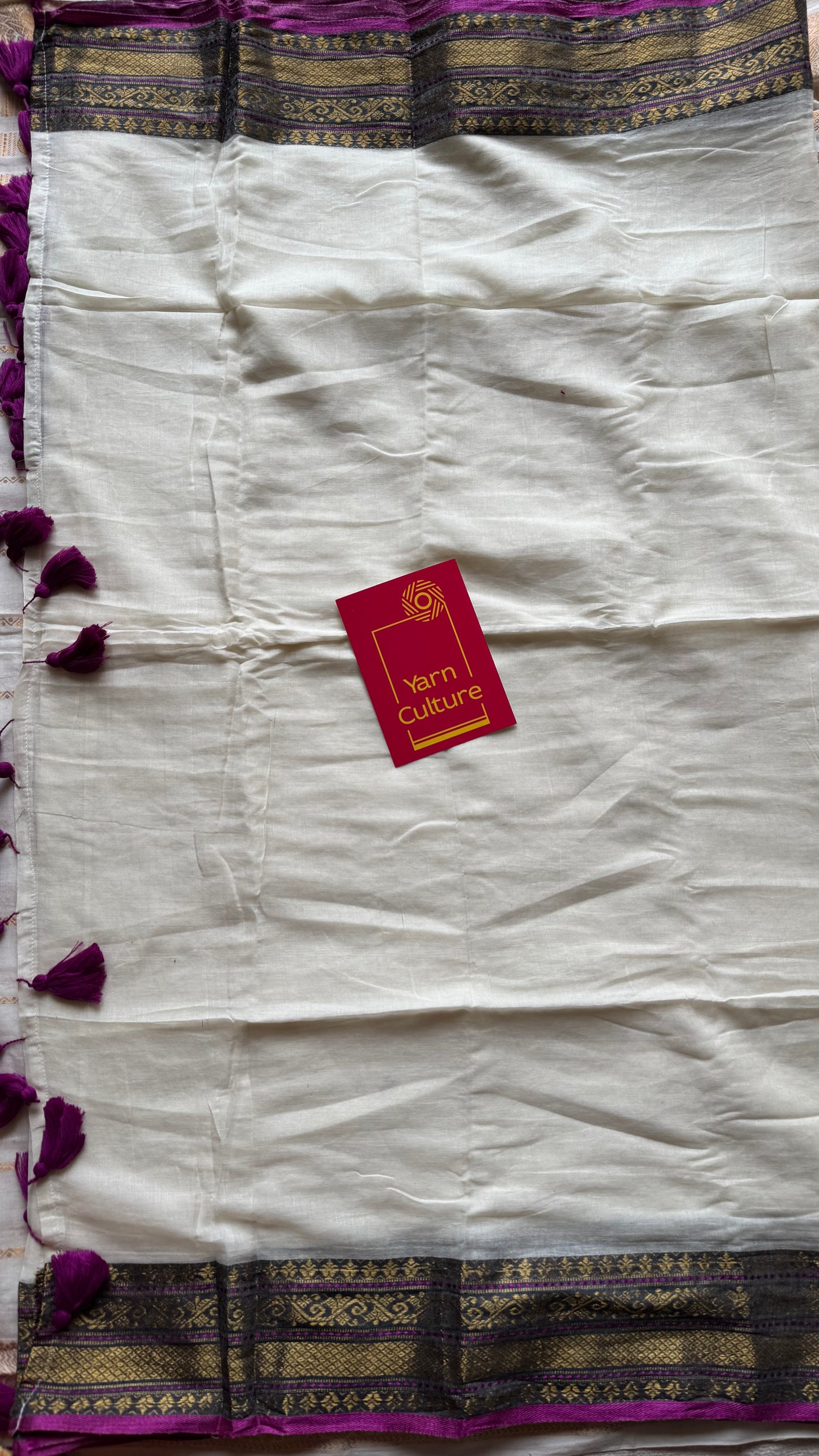 Ivory mul saree, purple pink and antique gold kanchi border - YCIEON30