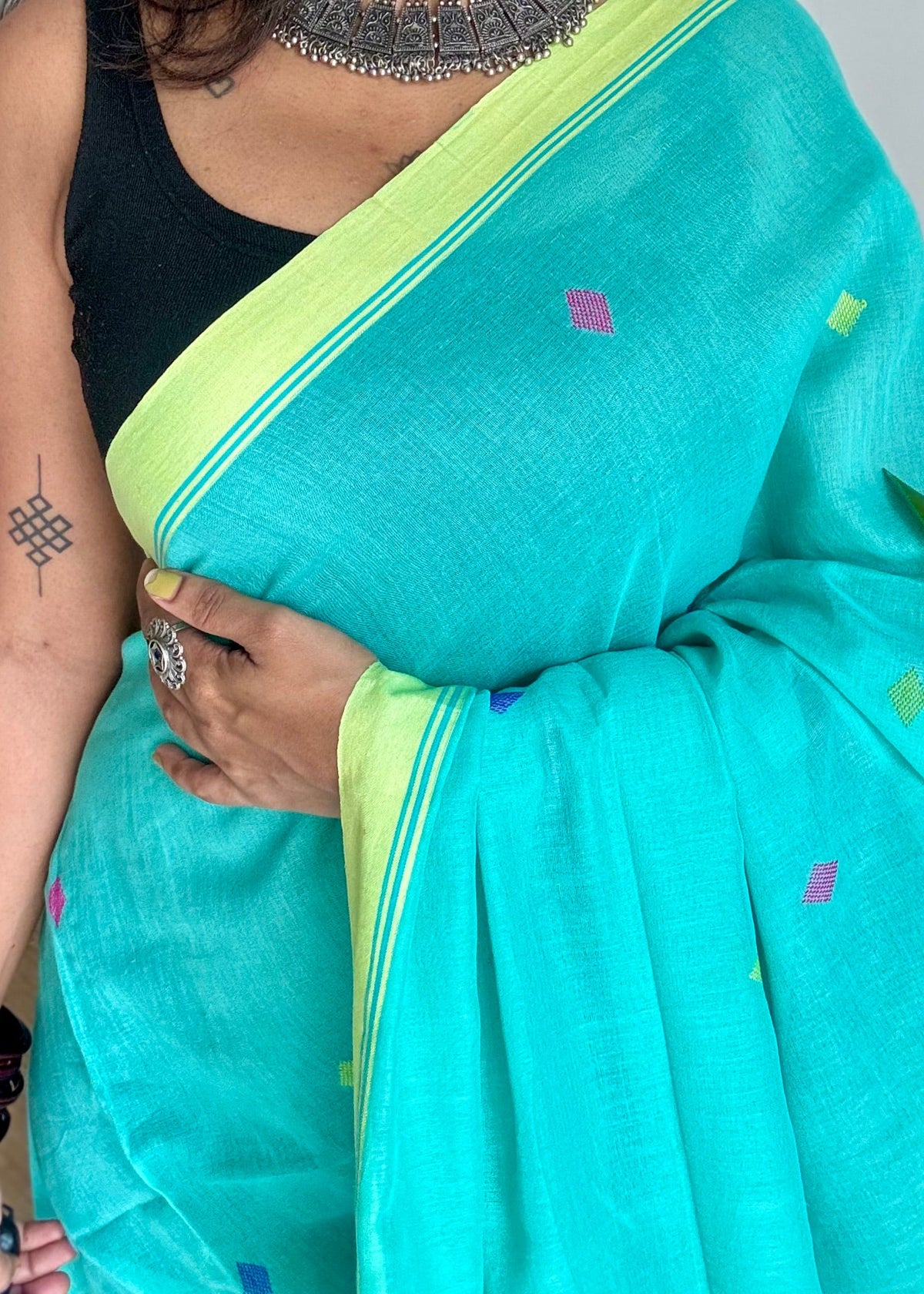 Handloom Bengal soft cotton saree, turquoise with woven buttas and lime green borders - YCBCMCSE38