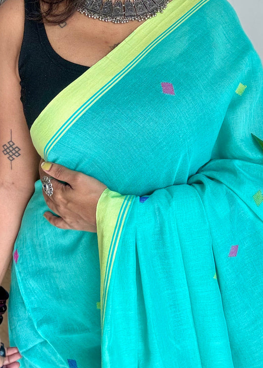 Handloom Bengal soft cotton saree, turquoise with woven buttas and lime green borders - YCBCMCSE38