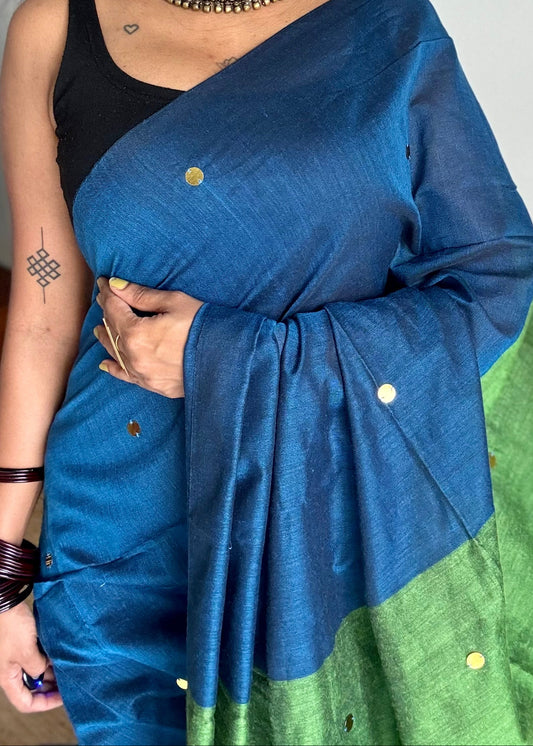 Blue with green contrast pallu, gini sequins, soft cotton saree - YCBCSCOC03