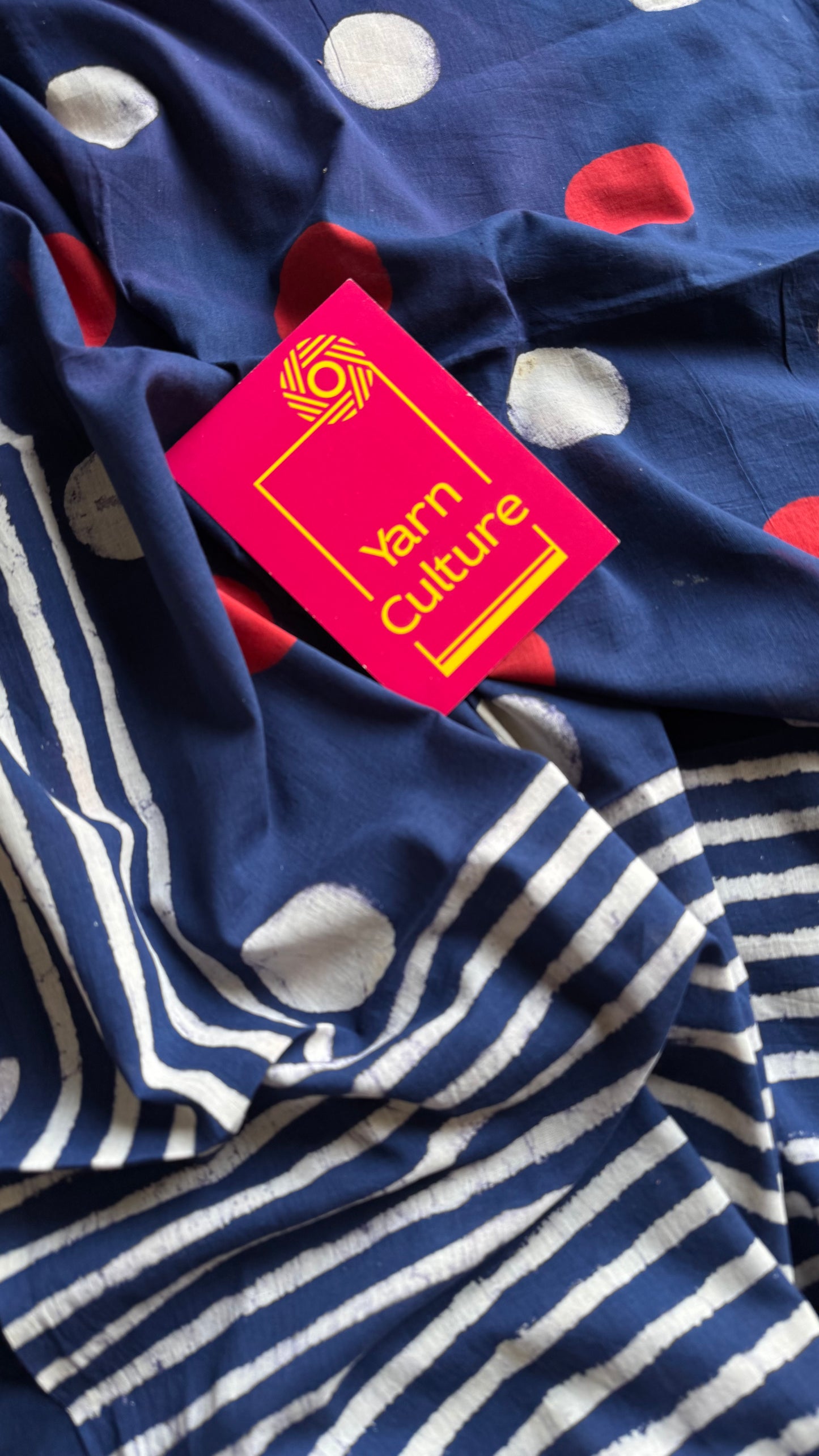 Indigo with red and white cirlce motifs, block printed soft cotton saree - YCTORCMA11