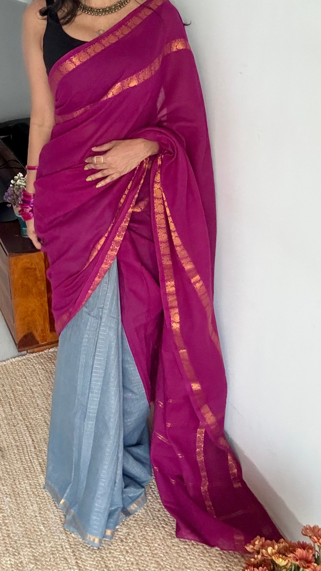 Mallinila (மல்லிநிலா): vaadamalli purple pink with grey, sungudi cotton - YCENOID13