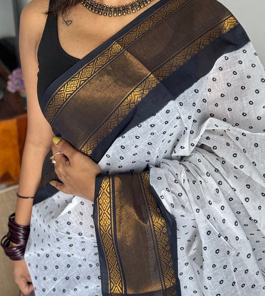 White and black with antique gold zari border, kattuchayam dyed madurai cotton saree - YCCOTNMSFE94