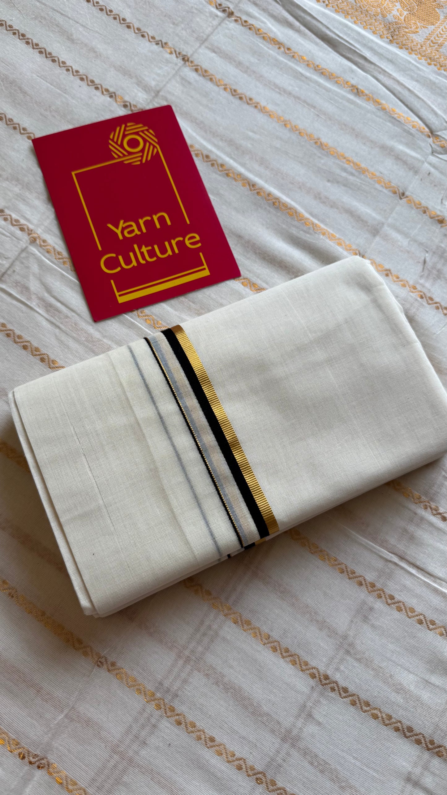 Ivory Chendamangalam Handloom Double Mundu with Black & Gold Kasavu Kara | Soft Cotton Men's Dhoti - YCMSEIE170