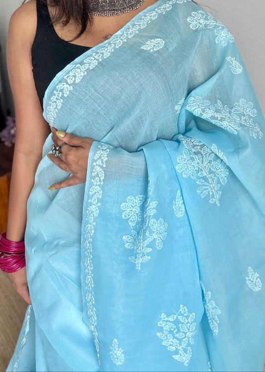 light blue chikankari cotton saree