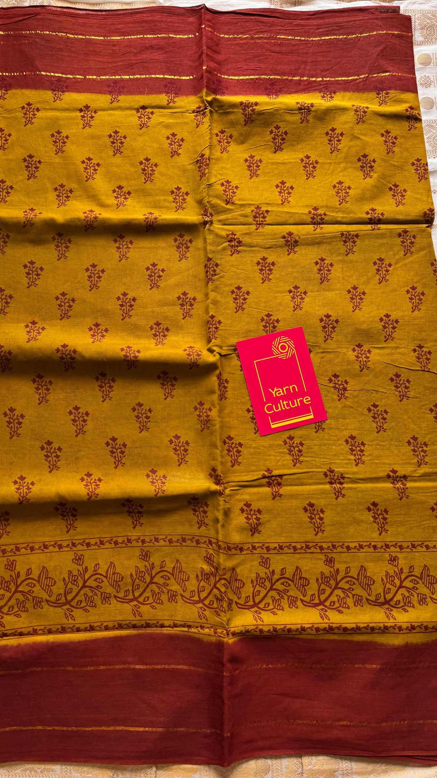 Mustard yellow with burnt red contrast, kattuchayam dyed madurai cotton saree - YCCOTNMA247