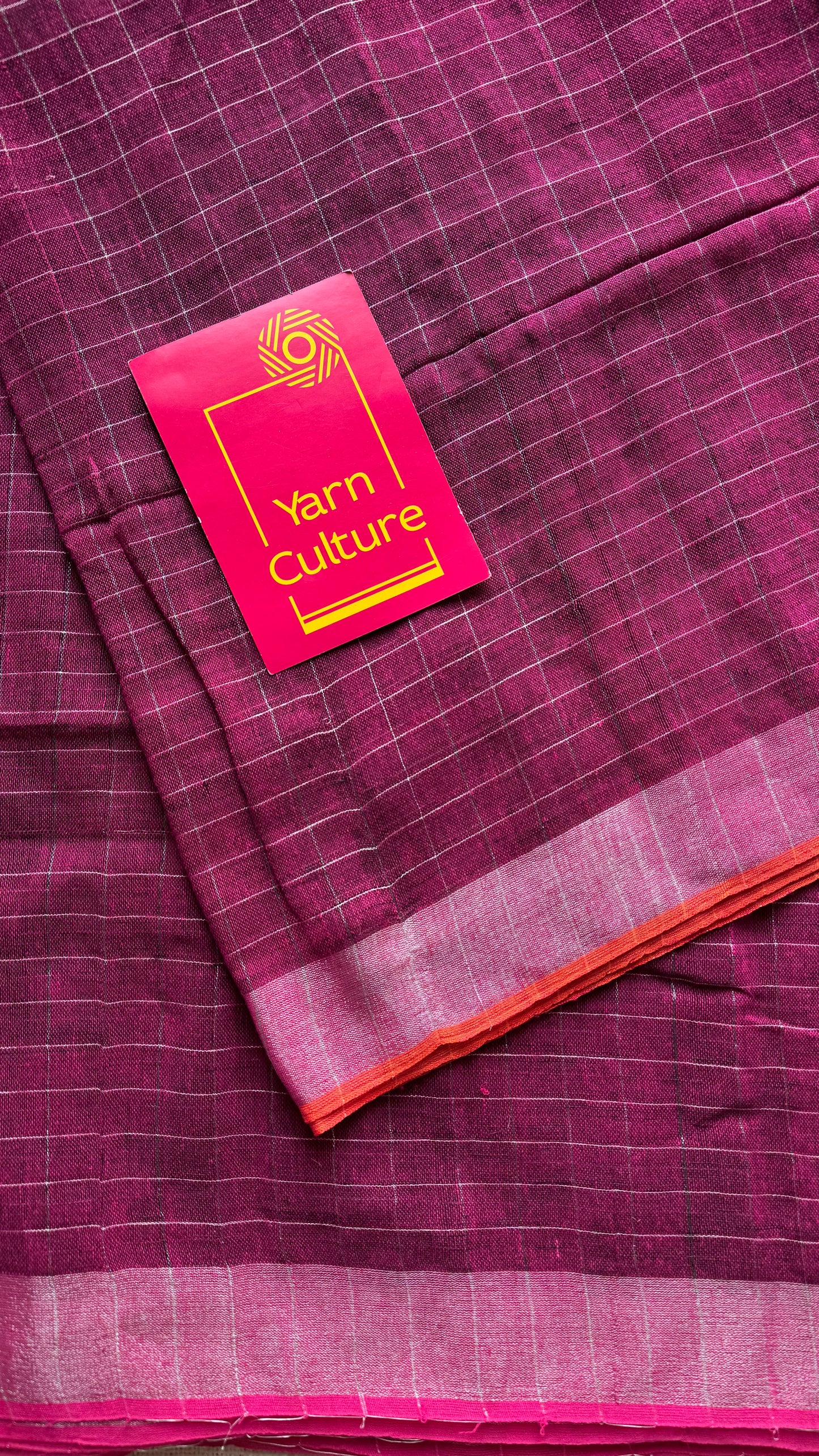 Ruby linen by cotton saree, silver checks & zari pallu - YCBCLCFE387