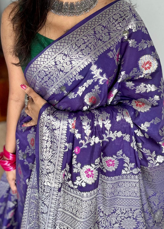 Dark blue meenakari floral pattern in silver zari, Banarasi katan dupion silk - YCDESE12