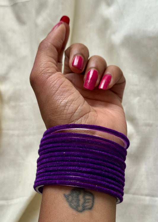 Purple velvet glass bangles, set of 12 - YCBANGL369