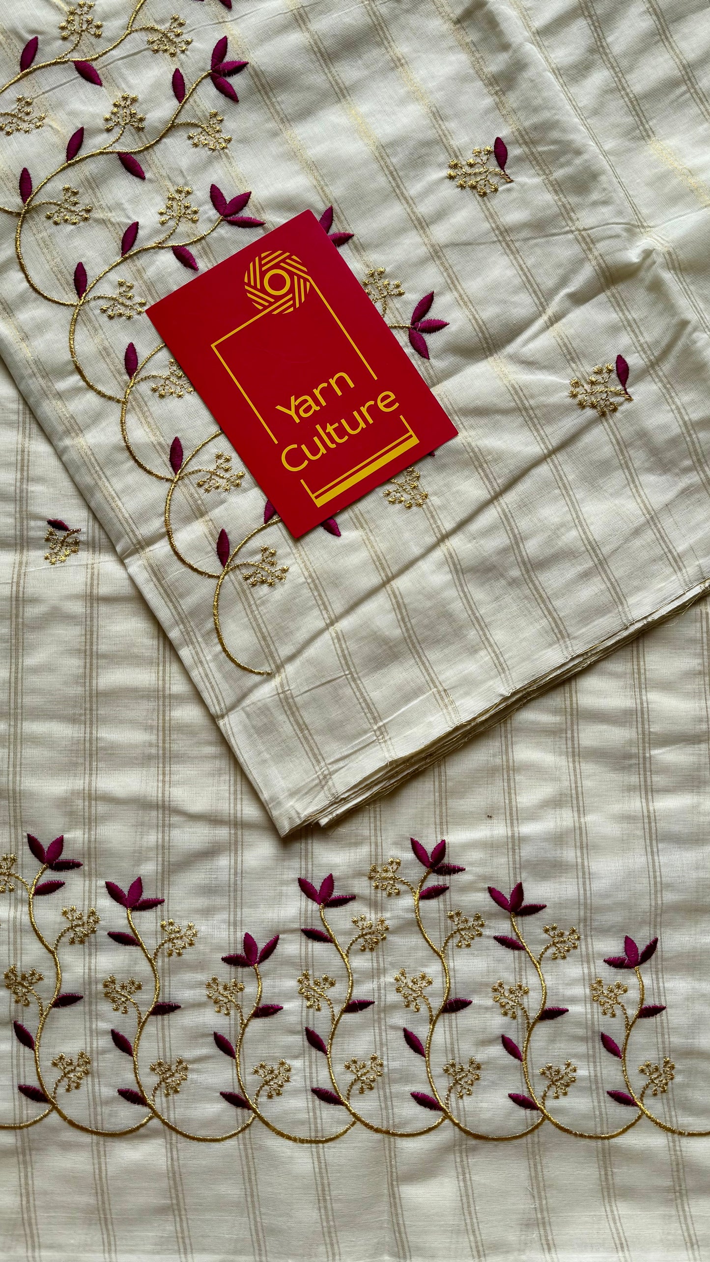 Ivory and gold soft cotton saree, purple pink floral vine embroidery  - YCIEON56