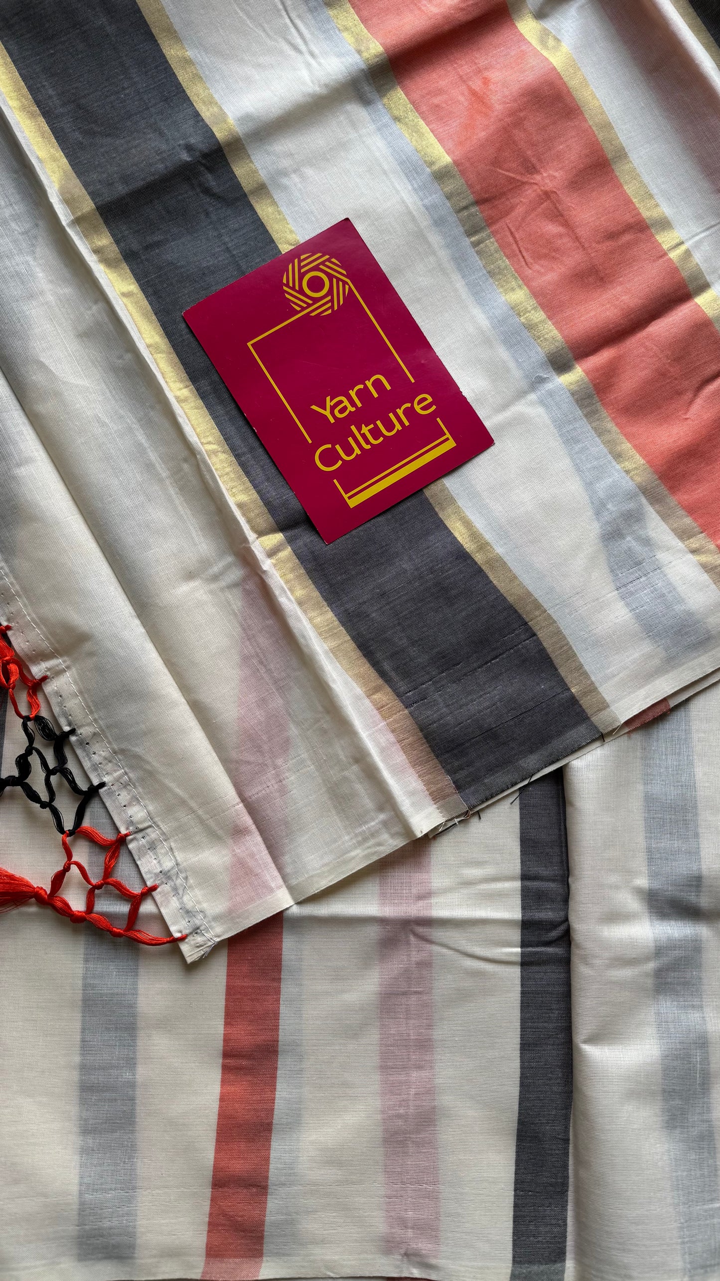 Ivory Kerala cotton saree with peach and dark grey stripes - YCIEKCFE305