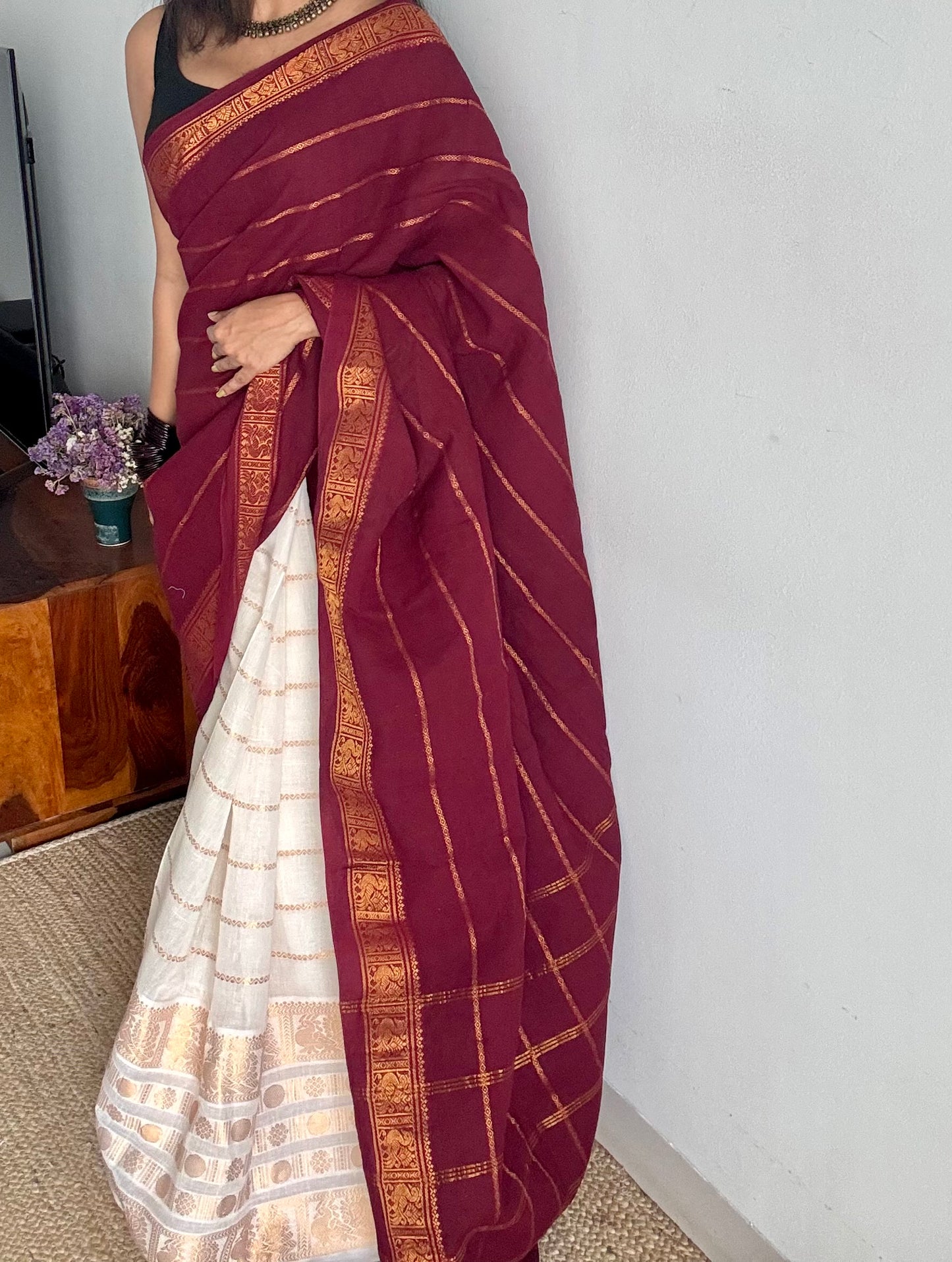 Maroon with cream, sungudi cotton half-half saree - YCCOTNMSFE355