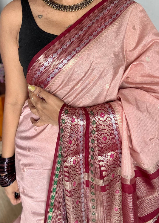 Salmon pink with maroon multicoloured vintage border, semi-silk - YCBLSSJA14