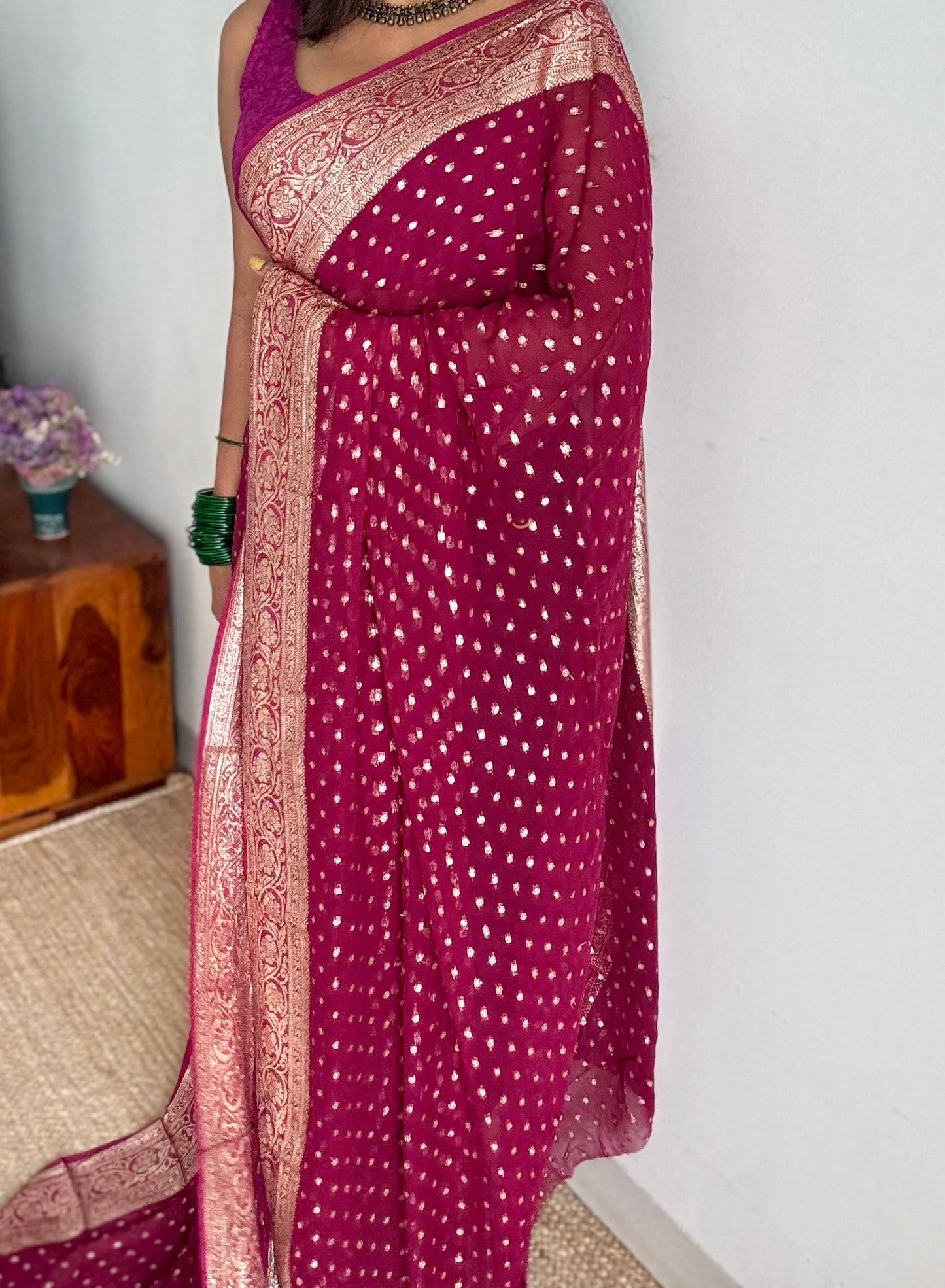 Ruby red viscose georgette saree with zari motifs - YCDOSFE203