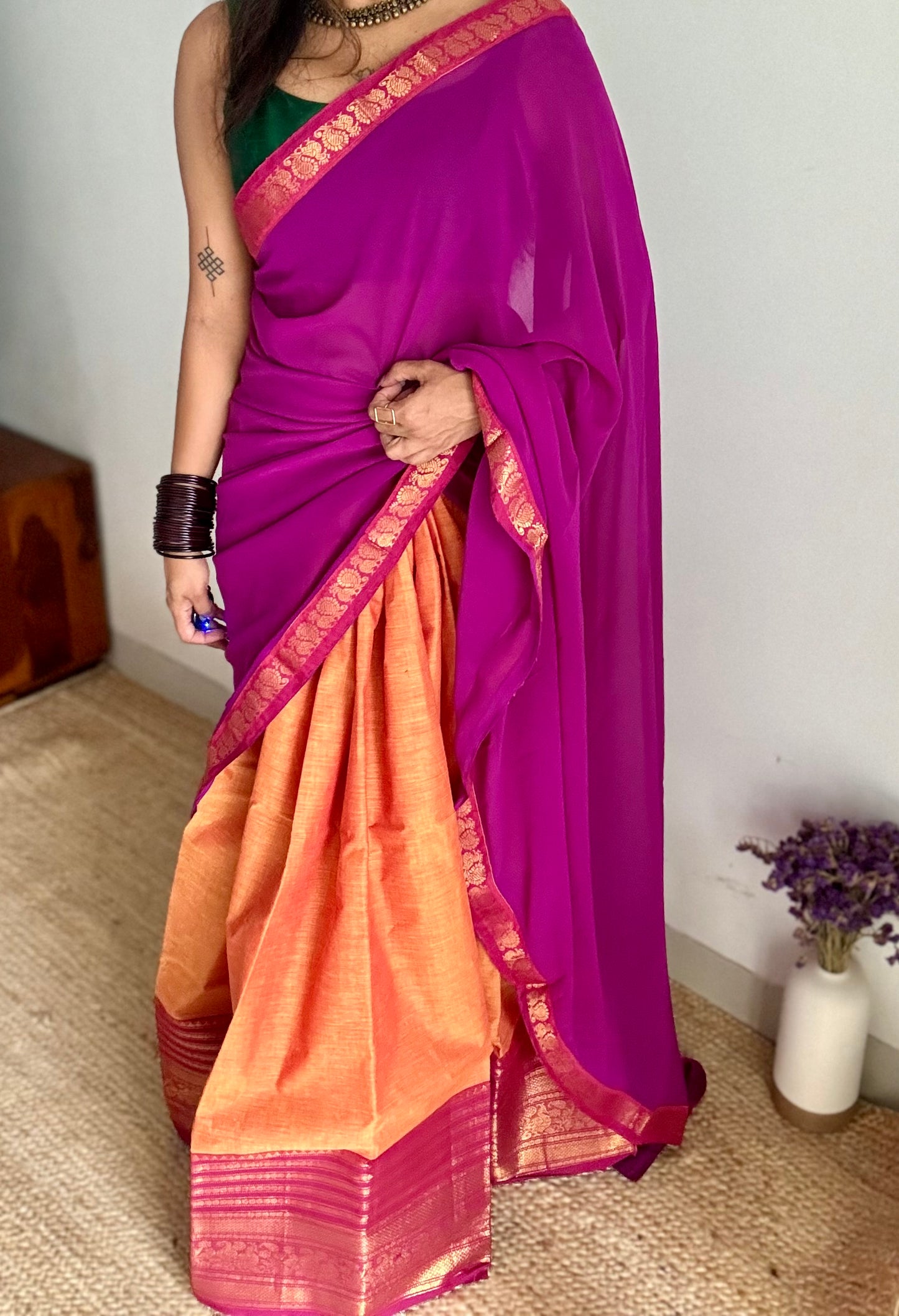 Orange - Magenta unstitched half saree material (dhavani), kanchi cotton - YCIEHS208