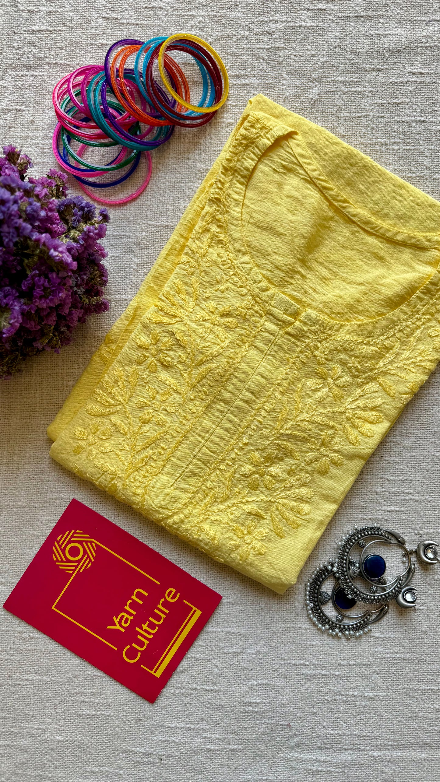 Light yellow chanderi chikankari with ghas patti work, stitched kurta, round neck, three fourth sleeves - YCSECK05