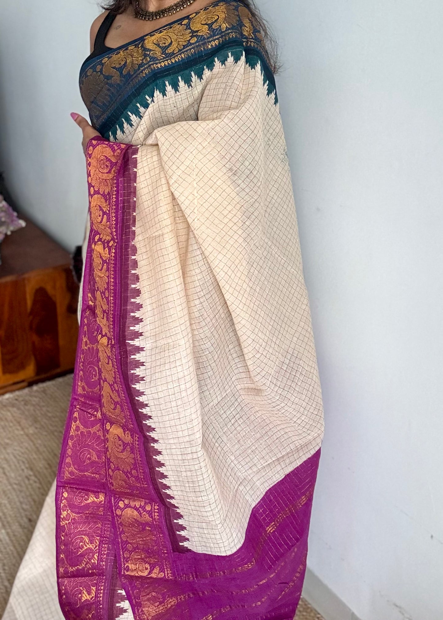 Sungudi cotton checks, ivory gold base, teal and magenta dual tone border, soft cotton - YCCOTNGJJA177