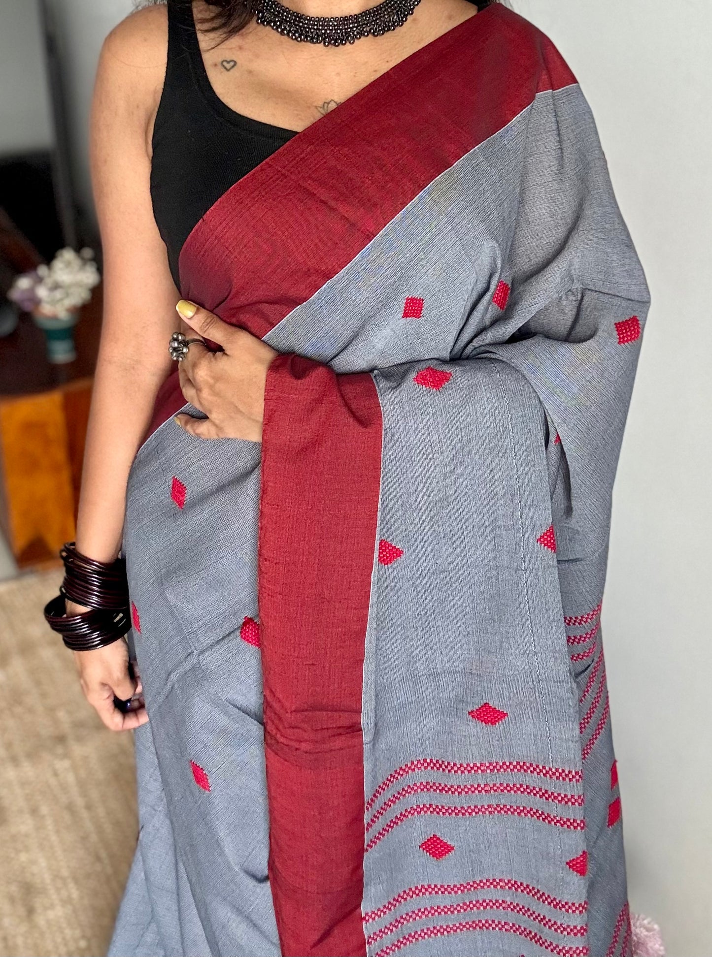 Grey with maroon, soft khadi cotton with woven motifs - YCBCKCDE24