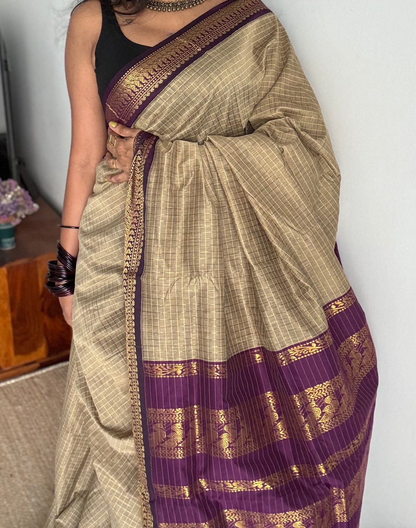 Grey with wine, checkered saree, cotton silk - YCCOTNKCFE64