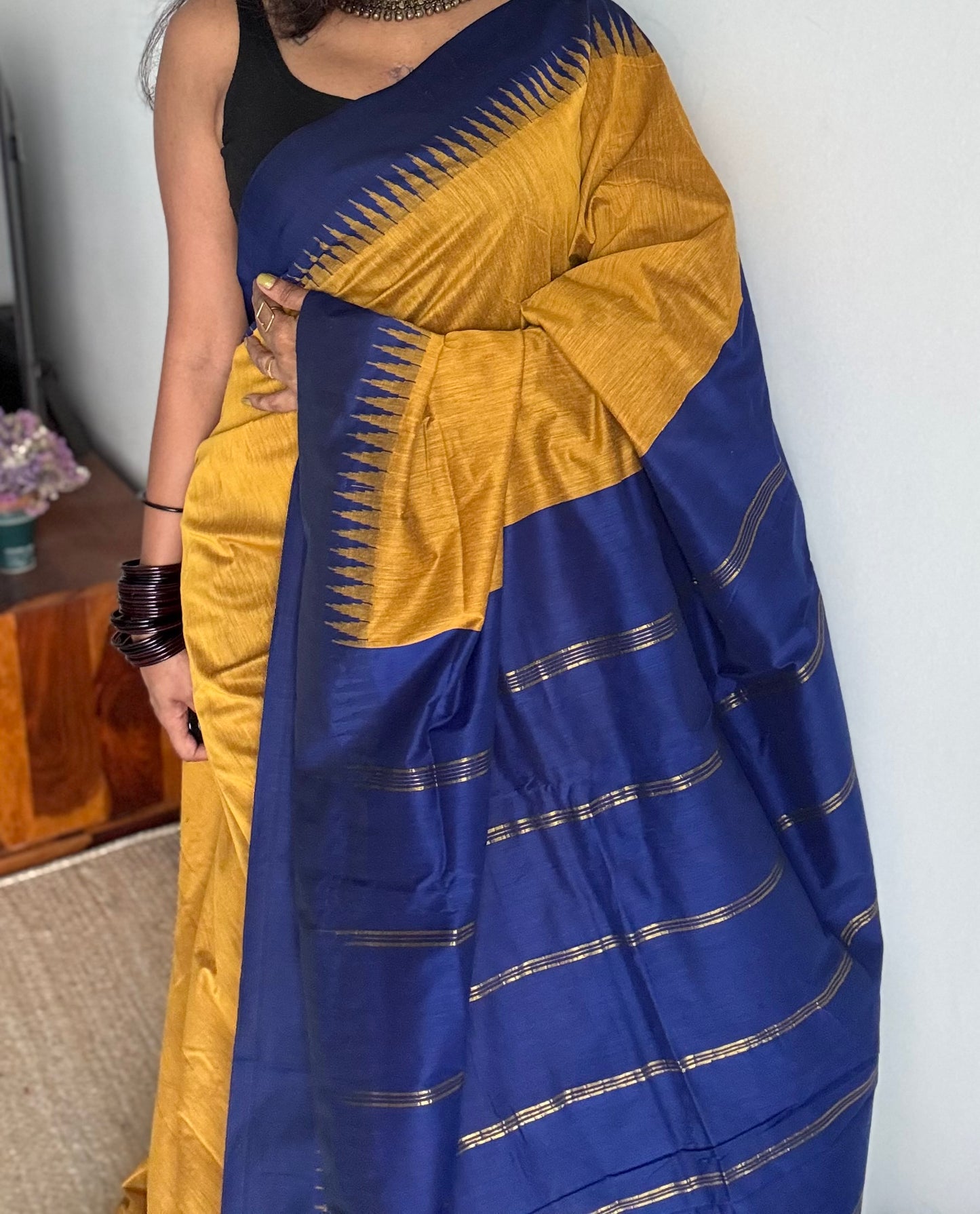 Turmeric yellow with blue contrast, temple border saree, cotton silk - YCCOTNTBFE57
