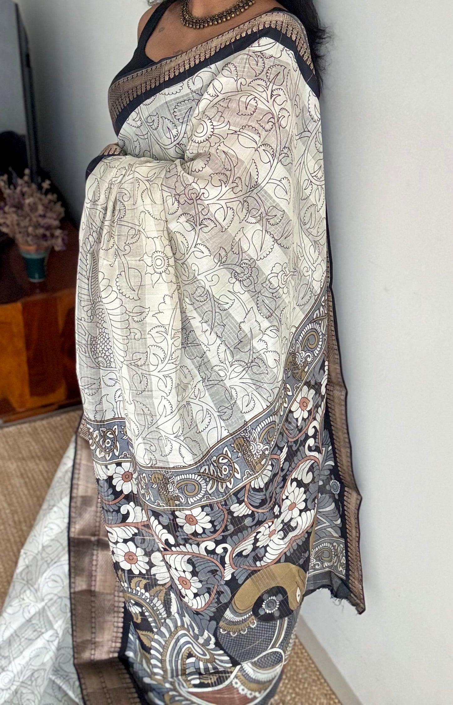 Off white and black, printed kalamkari, semi-tussar - YCWOTDSTK07