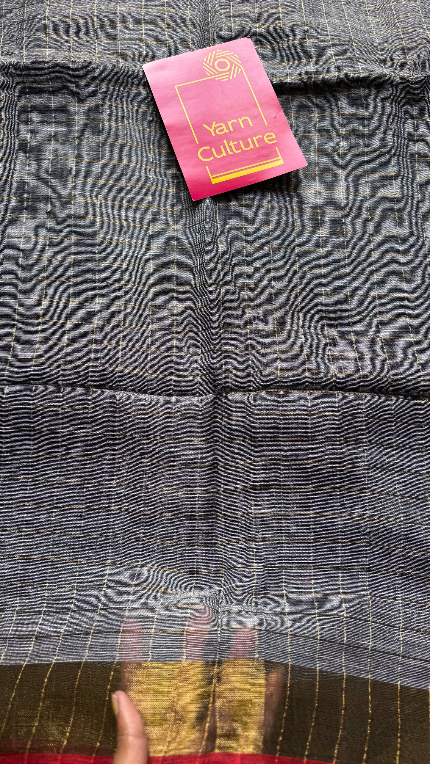 Grey linen by cotton saree, gold checks & gold zari pallu - YCBCLCFE388