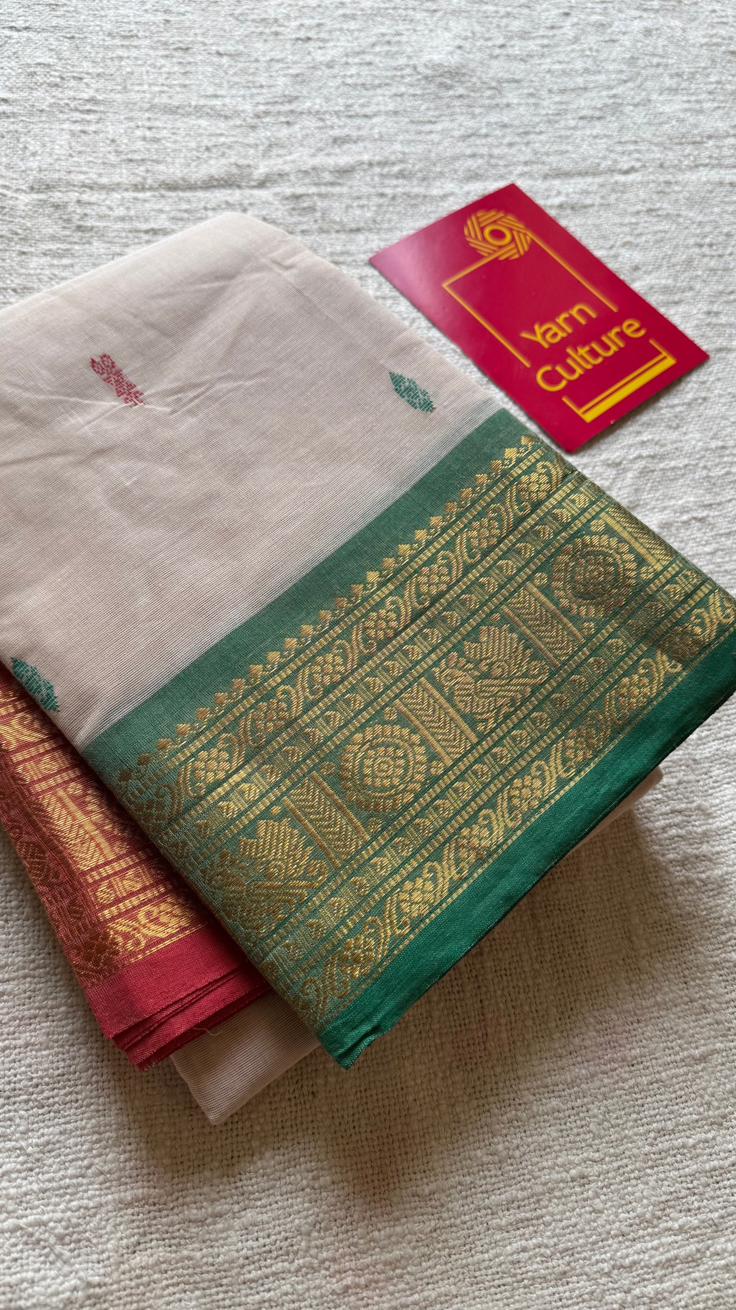 Beige with green pink and coral red contrast, kanchi cotton saree - YCCOTNMA327