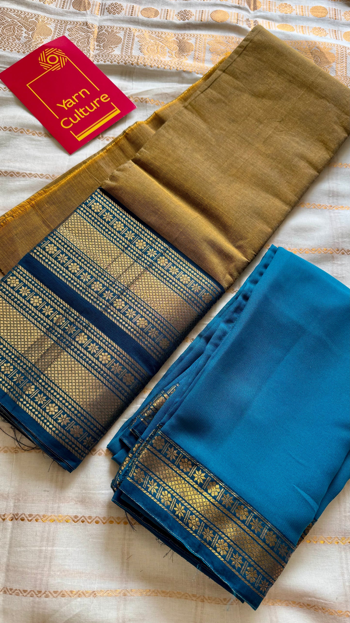 Mustard Brown - Blue unstitched half saree material (dhavani), kanchi cotton - YCIEHS206