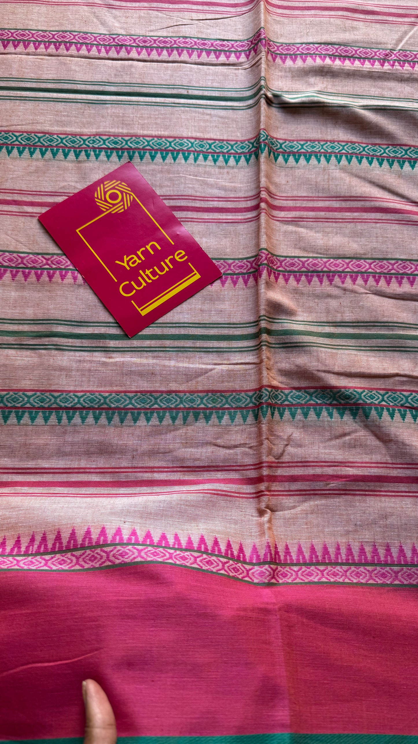 Dhonekhali handloom soft cotton saree, salmon pink with bright pink and dark turquoise woven stripes - YCBCDFE266