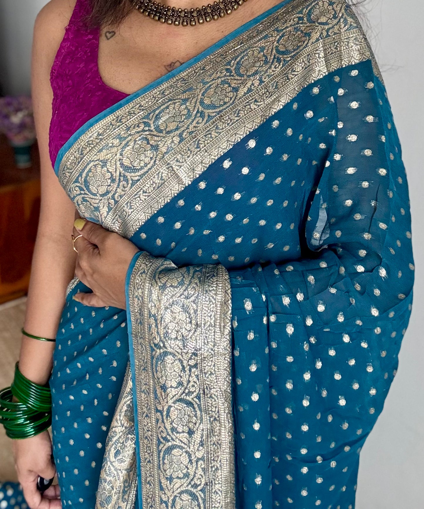 Peacock blue viscose georgette saree with zari motifs - YCDOSFE209